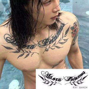 美式纹身贴胸前花胸英文花体字 叶子图案草本纹身贴纸防水