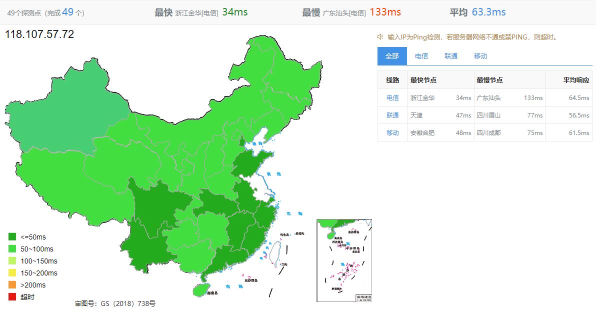 萝卜数据日本VPS测评 - 全国三网Ping延迟测试