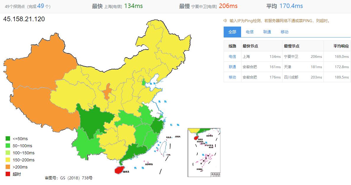 萝卜数据美国VPS测评 - 全国三网Ping延迟测试