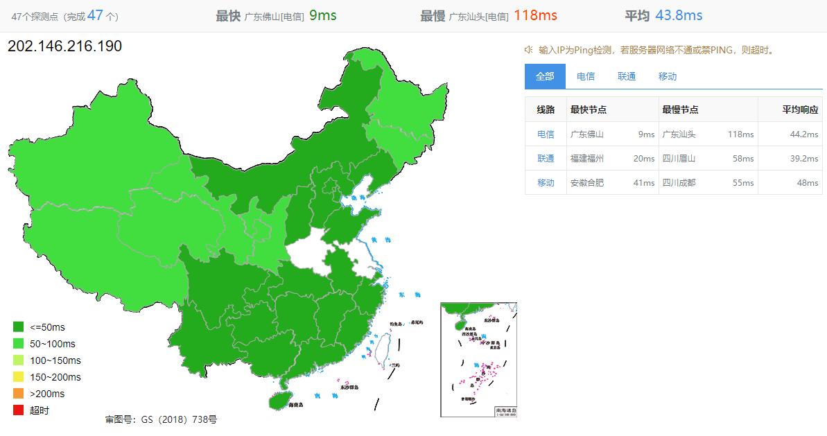 萝卜数据香港VPS测评 - 全国三网Ping延迟测试