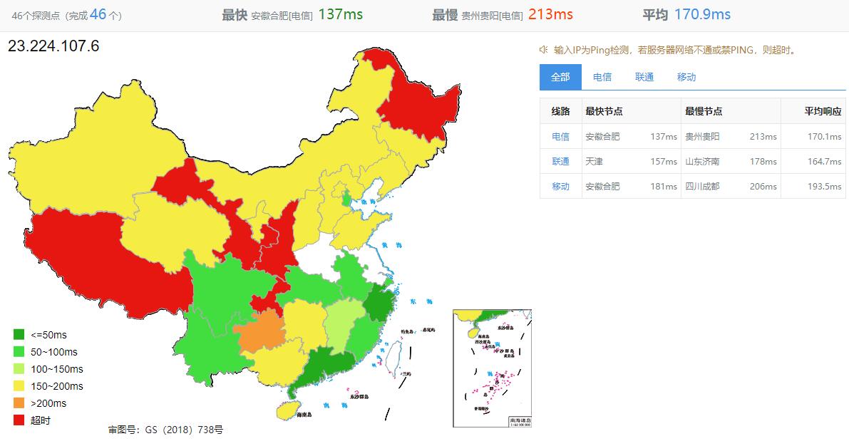比翼鸟数据美国VPS测评 - 全国三网Ping延迟测试