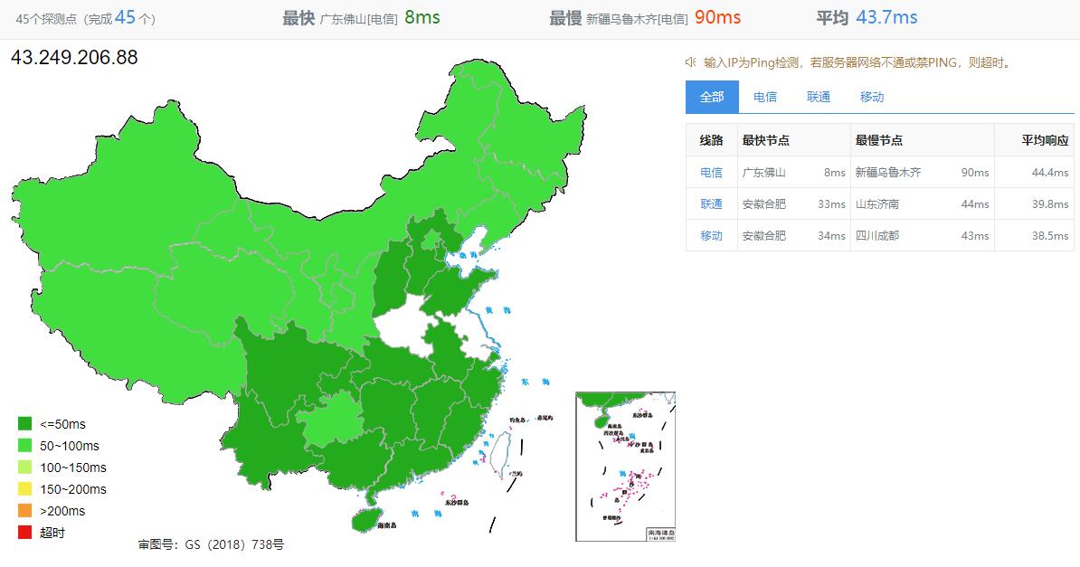 莱卡云香港VPS测评 - 全国三网Ping延迟测试