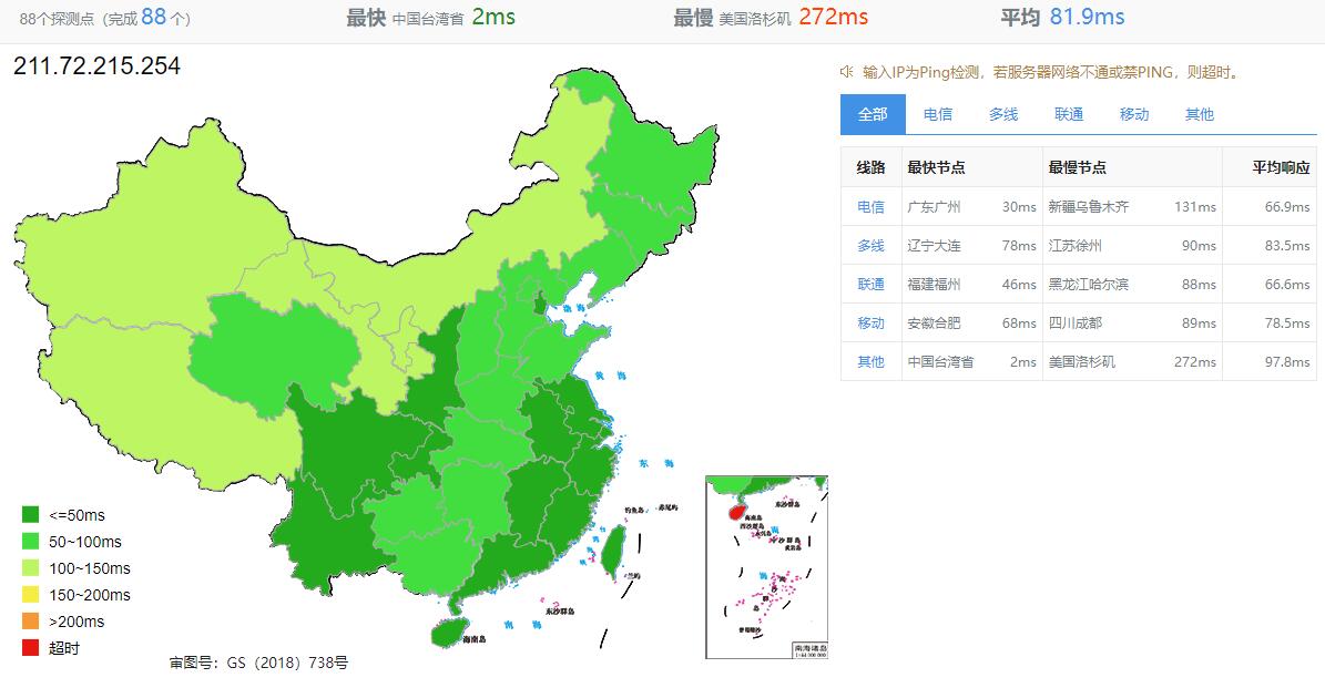 Serverfield中华电信台湾VPS测评 - 全国三网Ping延迟测试