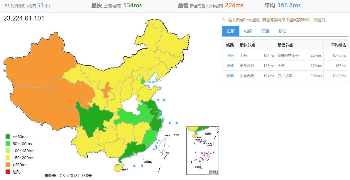 爱用云互联美国VPS测评 - 全国三网Ping平均延迟