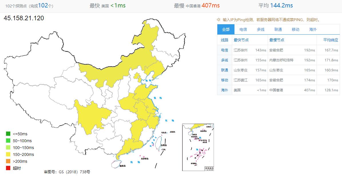 稳爱云美国VPS全国Ping测试
